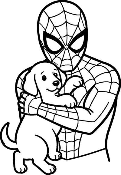 Spider-Man holding a happy floppy-eared puppy in a warm hug, the puppy resting its paws on his shoulder and arm.