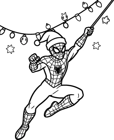 Spider-Man wearing a Santa hat and swinging on a web line past a string of Christmas lights and little stars.