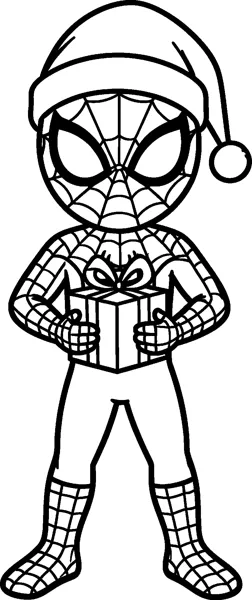 A drawing of Spider-Man wearing a Santa hat with a pom-pom and holding a wrapped Christmas present with a bow.