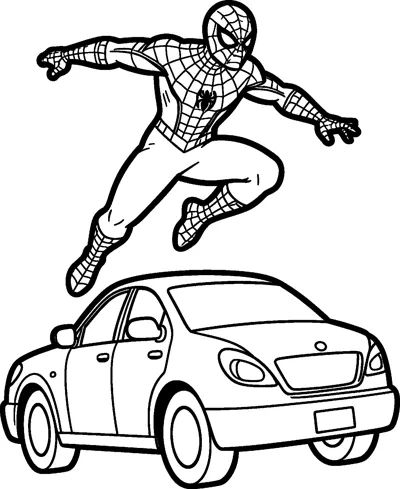 A drawing of Spider-Man leaping through the air over the roof of a parked car with his arms stretched out.