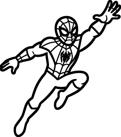 A simple drawing of Spider-Man leaping through the air with one arm stretched high above his head and his legs bent.