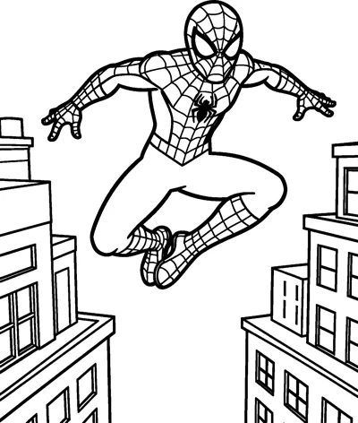 A drawing of Spider-Man jumping across the gap between two city rooftops with his arms stretched out and his legs tucked.