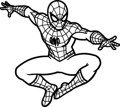 Spider-Man springing through the air with his arms stretched wide, fingers spread and knees tucked up beneath him.