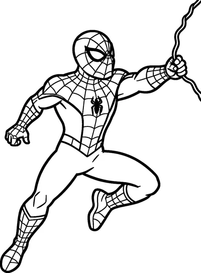 Spider-Man leaping through the air with one fist clenched while his other hand grips a wavy web line reaching off the page.