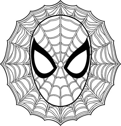 A drawing of Spider-Man's mask in the centre of a round spider web mandala filled with swirling and curved patterns.