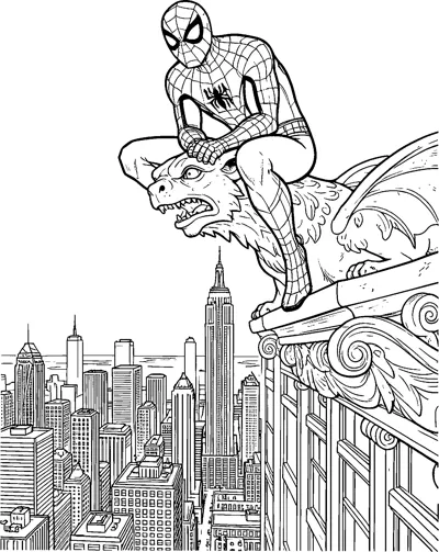 Spider-Man crouching on top of a winged stone gargoyle on a tall building's ledge, with a detailed city skyline far below.
