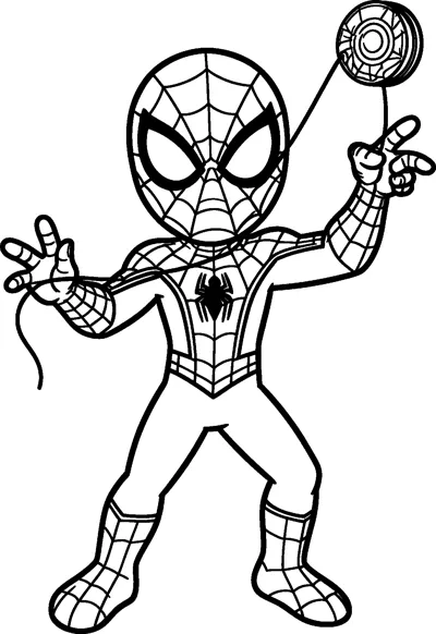 A drawing of Spider-Man playing with a yo-yo on a long string, one hand flicking it upward and the other hand spread open.