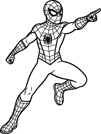 Spider-Man in a wide action stance, pointing forward with one arm while his other hand is clenched in a fist.