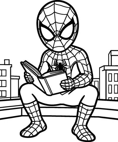 A drawing of Spider-Man sitting on a rooftop ledge with his knees up, holding an open book and reading quietly.