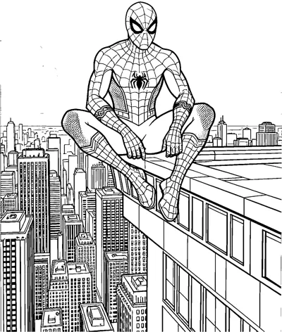 A detailed drawing of Spider-Man sitting on the ledge of a skyscraper with the city skyline, clouds and many buildings below.