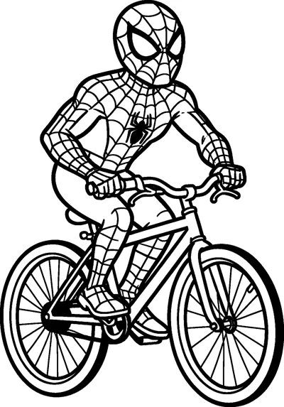 A drawing of Spider-Man riding a bicycle with spoked wheels, gripping the handlebars and pedalling forward.