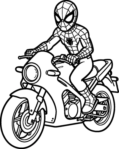 A drawing of Spider-Man sitting on a motorbike and gripping the handlebars, with a round headlight and big wheels.