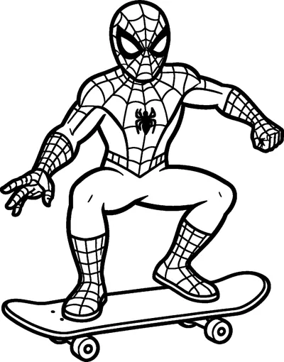 Spider-Man crouching on a skateboard with his knees bent and arms out for balance as he rolls along.