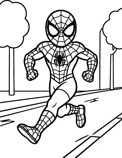 A drawing of Spider-Man running fast along a street with his fists clenched and round trees on both sides of the road.