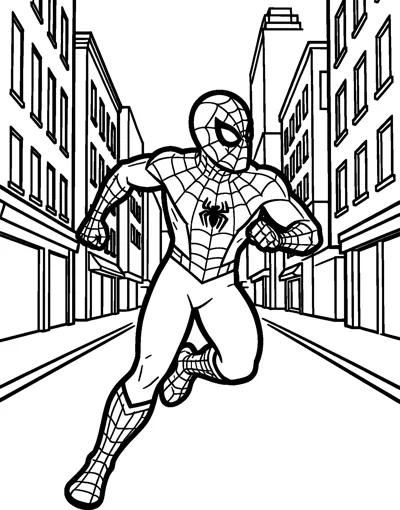 Spider-Man sprinting towards the viewer down the middle of a city street lined with tall buildings, shopfronts and windows.