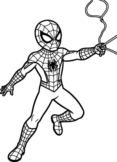 A drawing of Spider-Man in a dynamic pose shooting a curling strand of web from his outstretched wrist as he leaps.