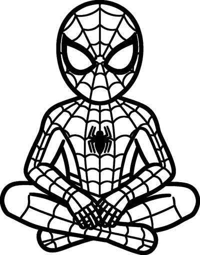 A drawing of Spider-Man sitting on the ground with his legs crossed and his hands resting in his lap, drawn in simple big shapes.