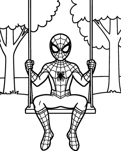 A drawing of Spider-Man sitting on a rope swing in a park, holding both ropes with leafy trees behind him.