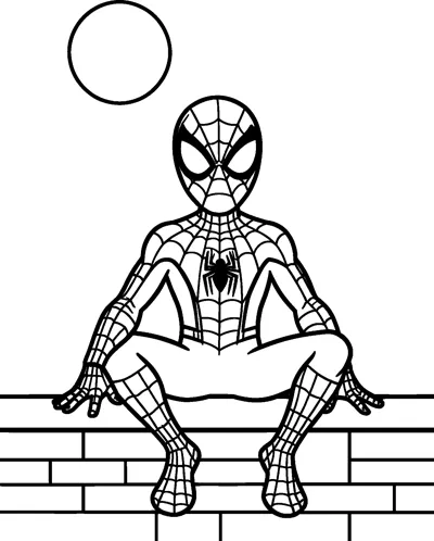 A drawing of Spider-Man sitting on the edge of a brick rooftop with his hands by his knees and a round full moon above.