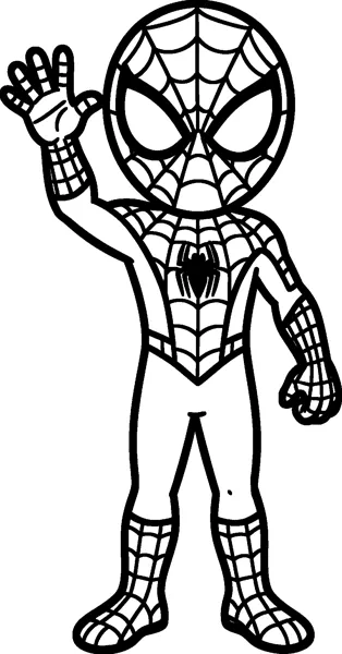 A simple drawing of Spider-Man standing up straight and waving one hand, with big eye lenses and a spider emblem on his chest.