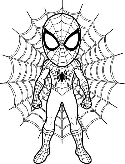 A drawing of Spider-Man standing with his fists clenched in front of a large round spider web that fills the page behind him.