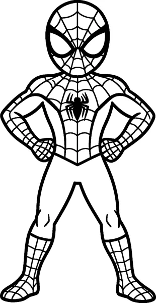 A drawing of Spider-Man standing proudly with his feet apart and both fists on his hips in a classic hero pose.