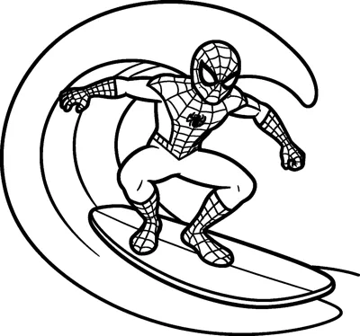 Spider-Man crouching on a surfboard with his arms out for balance as a large curling wave rises behind him.