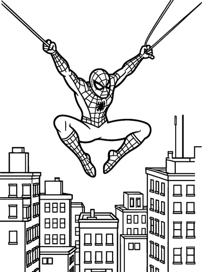 Spider-Man swinging between two web lines high above a row of city buildings with windows, water tanks and rooftop aerials.
