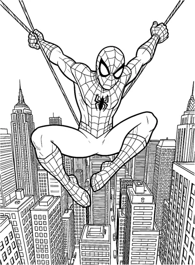 A detailed drawing of Spider-Man swinging on two web lines high above a crowded city of skyscrapers with many windows.