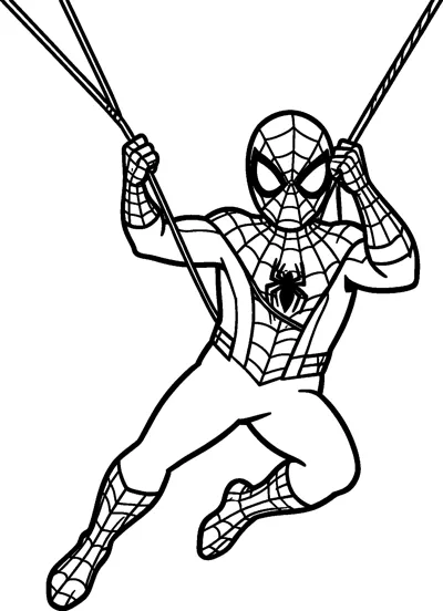 A drawing of Spider-Man swinging through the air while holding two web lines, with his knees bent and his feet tucked up.