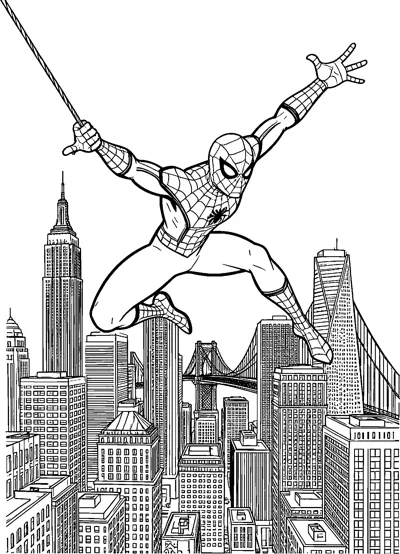 Spider-Man swinging on a web line high above a dense city skyline of skyscrapers, with a suspension bridge between the towers.