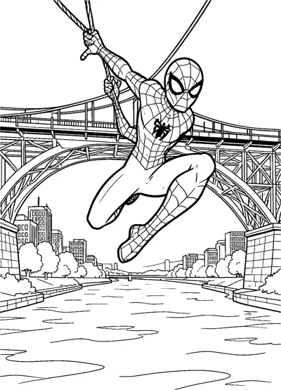 Spider-Man swinging on web lines beneath a large steel arch bridge, with a river, trees and city buildings in the distance.