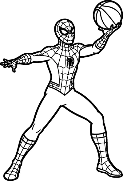 Spider-Man in a wide lunging stance, holding a basketball up in one hand and stretching his other arm out for balance.