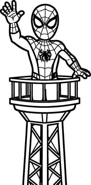 Spider-Man standing on the railed platform at the top of a tall metal lookout tower, waving with one raised hand.