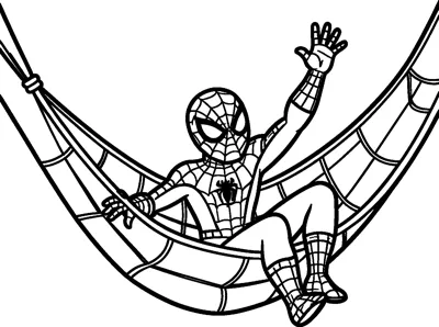 Spider-Man relaxing in a hammock woven from spider web, holding the edge with one hand and waving with the other.