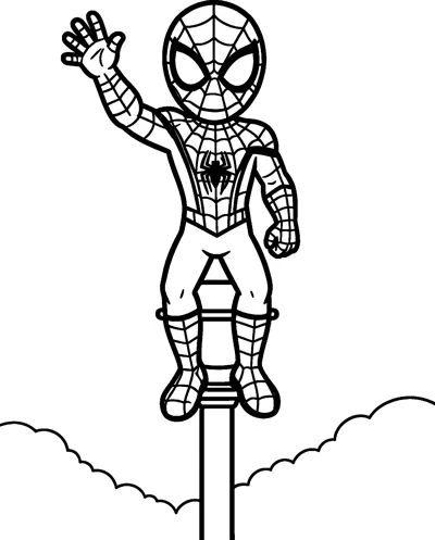 A drawing of Spider-Man perched on top of a tall lamppost, waving one hand with fluffy clouds in the background.