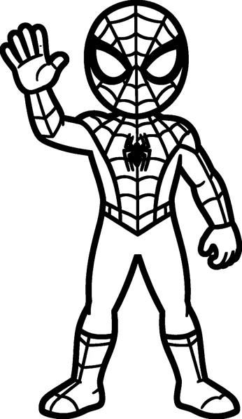 A friendly cartoon Spider-Man standing tall and waving one hand, with big mask eyes, a spider emblem and simple web lines.
