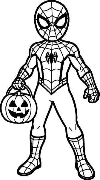 Spider-Man standing ready for trick-or-treating, holding a smiling jack-o'-lantern bucket by its handle in one hand.