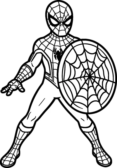 Spider-Man standing in a wide stance and holding a round shield made of spider web in front of his body.