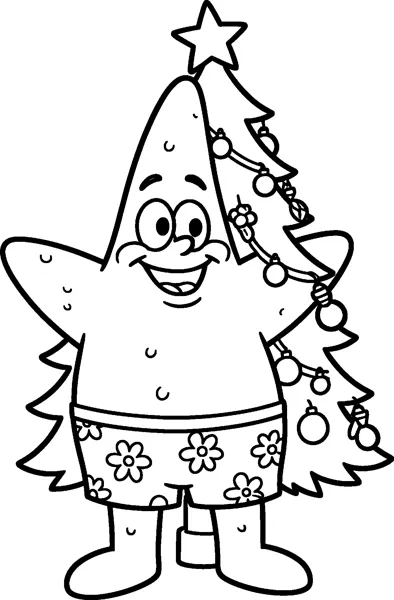 Patrick Star in flowered shorts smiling beside a Christmas tree, hanging a string of baubles with a star on top.