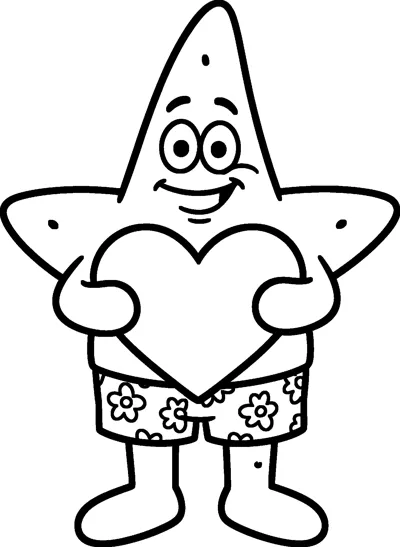 Patrick Star the chubby starfish smiling and hugging a big heart, wearing his flowered shorts, in simple bold outlines.