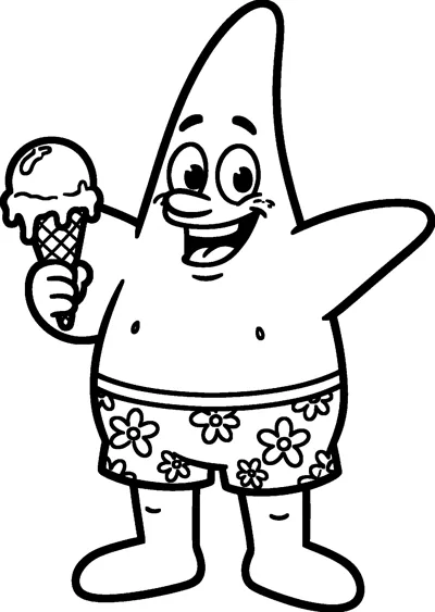 Patrick Star smiles widely while holding a dripping ice cream cone in one hand and stretching out his other arm.