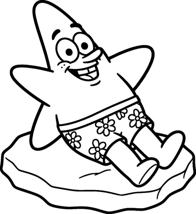 Patrick Star leans back on a flat rock with a big open smile, wearing his flowered shorts and stretching out his arms.