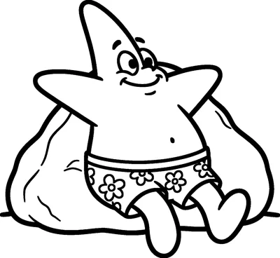 Patrick Star sits happily in front of a big round rock with his arms stretched out and his flowered shorts on.