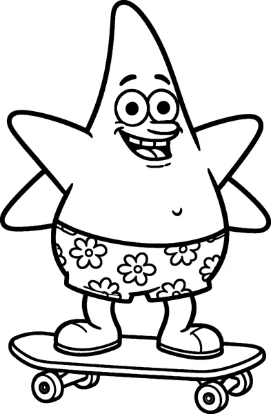 Patrick Star the starfish grinning as he stands on a skateboard in his flowered shorts with his arms spread wide.
