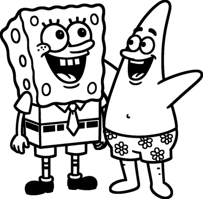 SpongeBob and Patrick Star stand side by side laughing with open mouths, with Patrick waving one arm in the air.