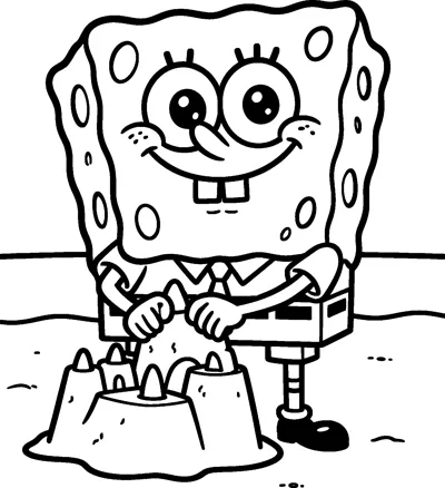 SpongeBob SquarePants smiling on the beach as he shapes a sandcastle with pointed towers in front of him.
