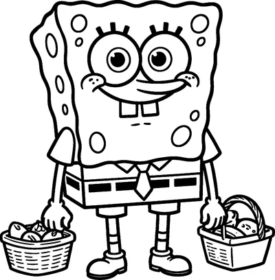 SpongeBob SquarePants smiling and holding two woven picnic baskets filled with food, one in each hand.