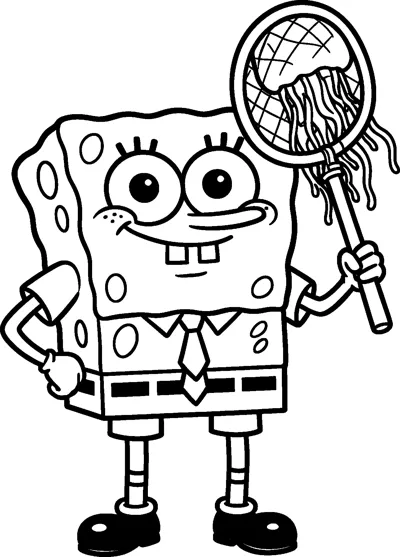 SpongeBob stands with one hand on his hip and holds up a round net with a jellyfish caught inside it.