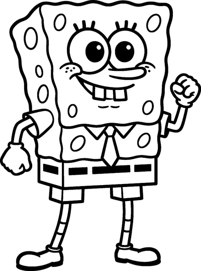 SpongeBob grins and raises one fist in the air in a cheerful pose, wearing his shirt, tie, belt and square pants.